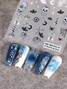 2pcs Gothic Sugar Skull Halloween Nail Stickers, Self-Adhesive Nail Decals With Day Of The Dead Floral Skull Bat Spider Web Crescent Moon Star Pattern, Dark Vintage Horror Nail Art Stickers For Halloween Salon DIY Manicure Press On Nails Decoration - Black and White - View 2