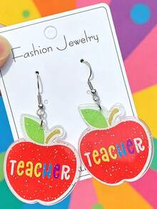 1pc Children Back To School Season Teacher's Day Cartoon Colorblock Apple Letter Acrylic Personalized Creative Earrings (No Card) - Multicolor - View 2