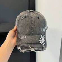 1pc New Letter Embroidered Washed Denim Baseball Cap Women American Vintage Distressed Duck Bill Hat Soft Top Large Head Circumference - Multicolor - View 3