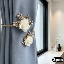 2pcs Luxury Pearl Floral Curtain Tiebacks, 3D Flower Bedroom Living Room Soft Decor Curtain Tie, Window Decoration - Alloy - View 20