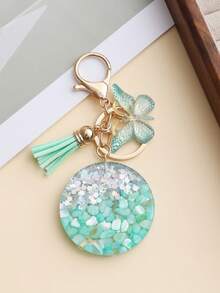 1 pieza Colgante de llave redondo estilo niña con accesorio de borla de mariposa, vibra fresca y dulce de niña, 4 colores base degradados de macaron con fragmentos de concha incrustados y purpurina plateada, borla de tela a juego del mismo color y decoración de mariposa hueca, sin patrones impresos desordenados ni redundantes, contorno de colgante de resina circular plano, combinación de mosquetón + anillo de llave, accesorio creativo flexible y desmontable para llaves, mochilas, bolsos de hombro - Multicolor - Ver 8