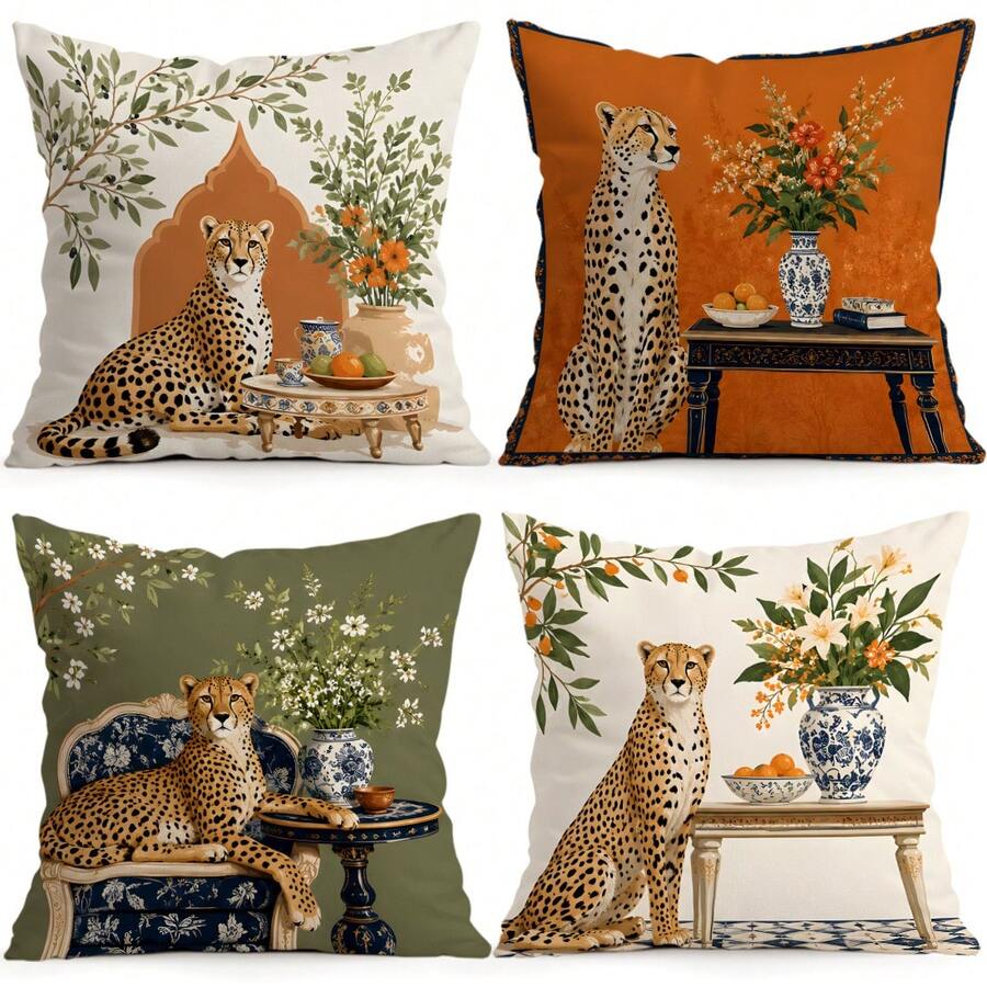 4pcs/1pc French Indoor Leopard & Floral Pattern Pillow Covers, Single-Sided Printed Cushion Covers, Suitable For Living Room, Bedroom, Home Decor, All-Season Use - Multicolor - View 1