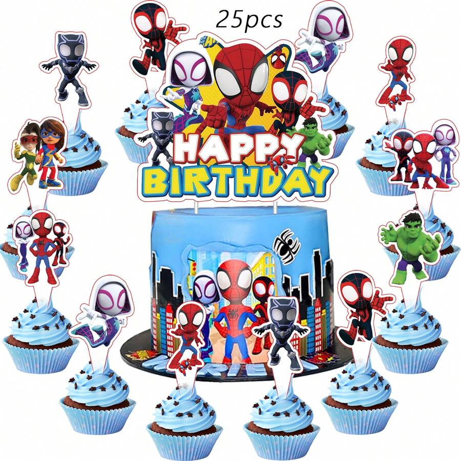 25pcs Spider Friend Cake Topper,Cupcake Toppers, Birthday Decorations,Spider Friend Theme Party Supplies, Birthday Decorations,Spider Friend Cake Decorations,Spider Friend Birthday Party Decorations - Cartoon - View 1