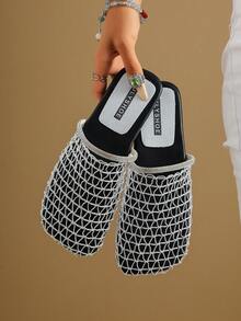 Spring Summer Fashion New Silver Hollow Out Women's Flat Sandals Mesh Breathable Casual Comfortable Soft Sole Slip-On Backless Square Toe Rhinestone Sandals - Silver - View 6