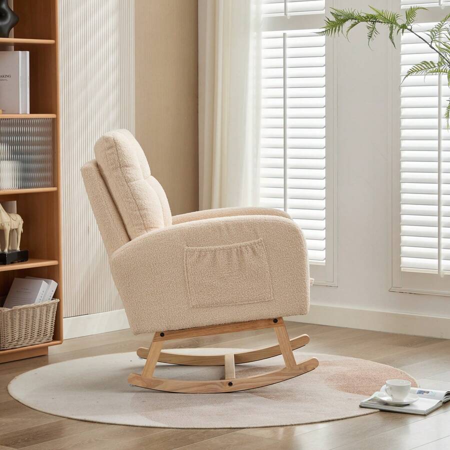 Teddy Fabric Rocking Chair With Adjustable Footrest, High Backrest Comfy Rocking Lounge Armchair With Side Storage Pockets & Solid Wood Legs, Relax Rocker Chair For Living Room Bedroom Nursery(Beige,Teddy) - Apricot - View 1