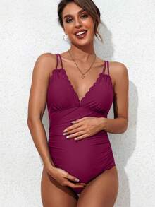 Maternity Summer Minimalist Solid Color Shell Trim Back Tie One-Piece Swimsuit - Burgundy - View 3