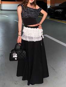 時尚女款針織波點不對稱領短袖T恤，中彈力修身常規長度上衣 - 黑色 - 查看 6