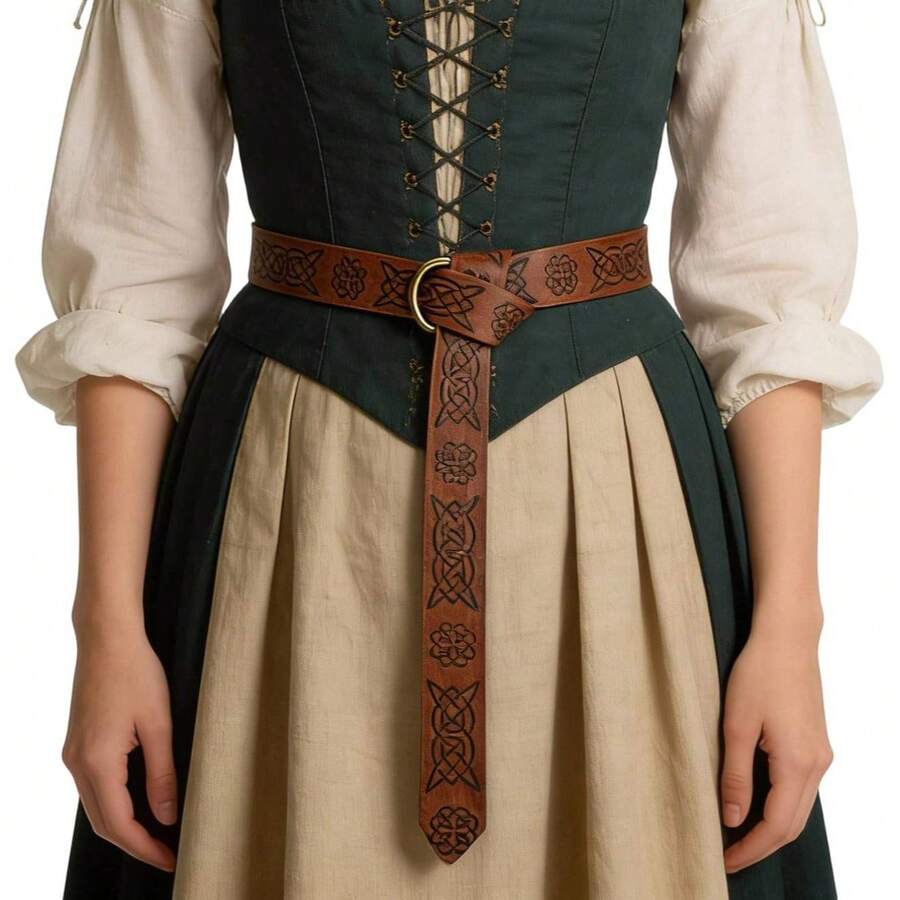 Medieval Celtic Pattern PU Leather Round Belt, Vintage Viking Knot Embossed Single Ring Buckle Belt, Renaissance COSPLAY Stage Performance Accessory - A - View 1