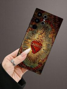 1pc 2D Printed Sacred Heart Cross Pattern Phone Case, Matte Black Frosted Anti-Fingerprint Stain-Resistant TPU Soft Shell, Raised Full Lens Protection, Shockproof Anti-Drop, Dustproof Waterproof, Classic Minimalist Premium Feel, Atmospheric, Ins Style, Retro, Compatible With Iphone All Series, Galaxy Series, Perfect Gift For Friends, Family, Couples, Yourself, Birthday, Holiday - Black - View 6