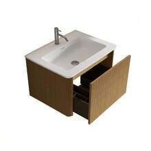 Washbasin With Vanity Unit For Small Bathrooms, Mineral Cast Basin, Grooved Design, 60cm Wall-Mounted Bathroom Unit, Natural Oak Color, Pre-Assembled - 駝色 - 查看 5