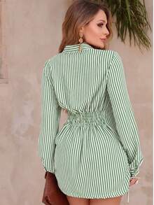 Women's Striped Checkered Shirt Dress With Long Sleeves, Adjustable Buttons And Side Tie – Elegant, Modern And Super  For Winter - 綠色和白色 - 查看 2