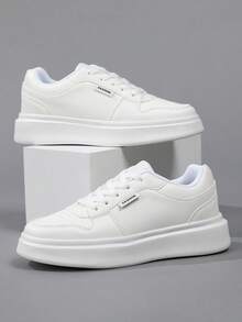 Women's Casual Thick Sole Sneakers, Light Blue Colorblock Fashion Walking Shoes, Low-Top Women's Thick Sole Casual Skate Shoes - White - View 4