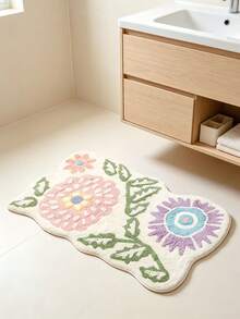 Wavy Asymmetrical Floral Pattern Bathroom Rug | Soft Lines With Natural Feel, French Country And Cream Style, Suitable For Wooden Decor, 1m Thick, Fluffy And Soft, Comfortable Foot Feel, Faux Cashmere Soft Bathroom Rug, Non-Slip Bottom, Versatile Soft Door Mat, Makeup Mat, Porch Mat And Patio Mat, Cozy Entryway Mat, Bathroom Rug, Bathtub Rug, Home Bedroom Rug, Bay Window, Balcony, Bedside Blanket, Office Desk Rug, Living Room Indoor/Outdoor Rug, Washing Machine Rug, Machine Washable - contracted design - View 1