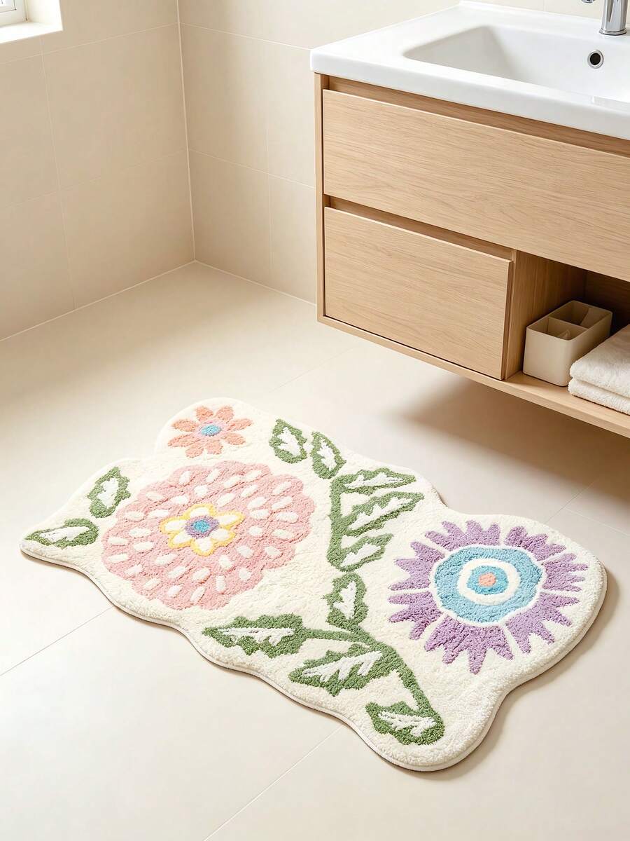 Wavy Asymmetrical Floral Pattern Bathroom Rug | Soft Lines With Natural Feel, French Country And Cream Style, Suitable For Wooden Decor, 1m Thick, Fluffy And Soft, Comfortable Foot Feel, Faux Cashmere Soft Bathroom Rug, Non-Slip Bottom, Versatile Soft Door Mat, Makeup Mat, Porch Mat And Patio Mat, Cozy Entryway Mat, Bathroom Rug, Bathtub Rug, Home Bedroom Rug, Bay Window, Balcony, Bedside Blanket, Office Desk Rug, Living Room Indoor/Outdoor Rug, Washing Machine Rug, Machine Washable - contracted design - View 1