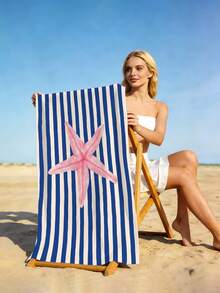 1pc Blue Striped Beach Towel, Minimalist Striped Starfish Print Large Beach Towel, Ultra-Fine Fiber Quick-Dry Absorbent Sand-Resistant Beach Towel, Towel, Suitable For Travel, Swimming Pool, Diving, Surfing, Yoga, Camping, Beach Party And Party Decoration Beach Towel, Summer Beach Travel Essential, Vacation Bathroom Decoration Water Party Multi-Functional Beach Towel - Dark Blue Stripes - View 9