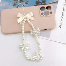 Cream Pearl Bow Phone Lanyard, Handmade Beaded Wrist Strap, Cute Ins Style Phone Decor, Universal Anti-Lost Phone Chain For All Phone Cases, Multi-Use Accessory As Keychain, Bag & CCD Camera Pendant, Sweet Girly Bow Design, Glossy Pearl Texture, Perfect Gift For Women, Mom, Friends, Ideal Present For Birthday & Holiday, Portable Short Wrist Strap For Daily, Travel And Party - Multicolor - View 2