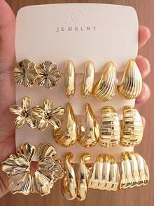 6/18PCS Fashionable Geometric Gold Metallic Earring Set, Women's Fashion Earring Set, Daily Wear, (Lightweight CCB Material, Non-Fading) - Gold - View 8