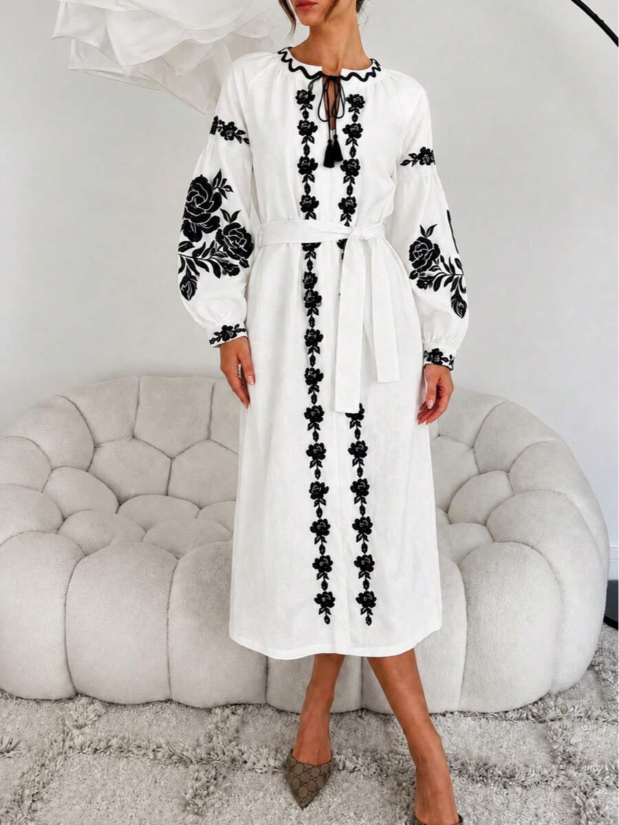 Women's Bohemian Style Casual Black Mid-Length Dress, With Tie Neckline, Long Dolman Sleeves, Embroidered Ruffle Trim Details - White - View 1
