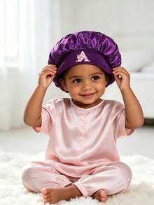 1Pc Kids Satin Hair Bonnet With A-Z Letter Wide Elastic Band Sleep Cap For 1-3 Years Old Girls, Soft Silk Night Hair Wrap - Purple - View 2