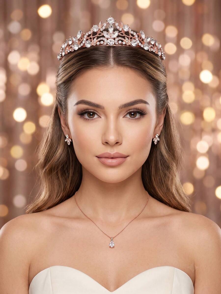 1 pieza Elegante Tiara Corona de Princesa con Strass en Oro Rosa, Accesorio para el Cabello, Adecuado para Novia, Boda, Baile de Graduación, Fiesta de Cumpleaños