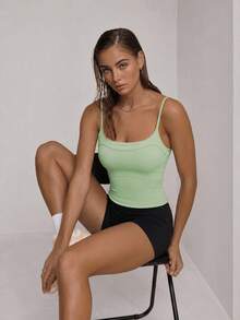 Sodalemon Women's Adjustable Spaghetti Strap Sports Tank Top, Elastic Detachable Lining, Solid Color Yoga Training Fitness Activity Casual Gym Top - Mint Green - View 7