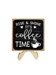 1pc Farmhouse Style Coffee Bar Decor Sign, Rise & Shine It's Coffee Time, 4"X4" Wooden Plaque With Stand, Home Kitchen Desktop Decoration Gift - Multicolor - View 12