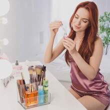 Portabolígrafos de 3 compartimentos, portabolígrafos y portamemorándums transparente de escritorio, para brochas de maquillaje, escritorio, tocador, oficina, suministros de papelería para el aula - transparente - Ver 7