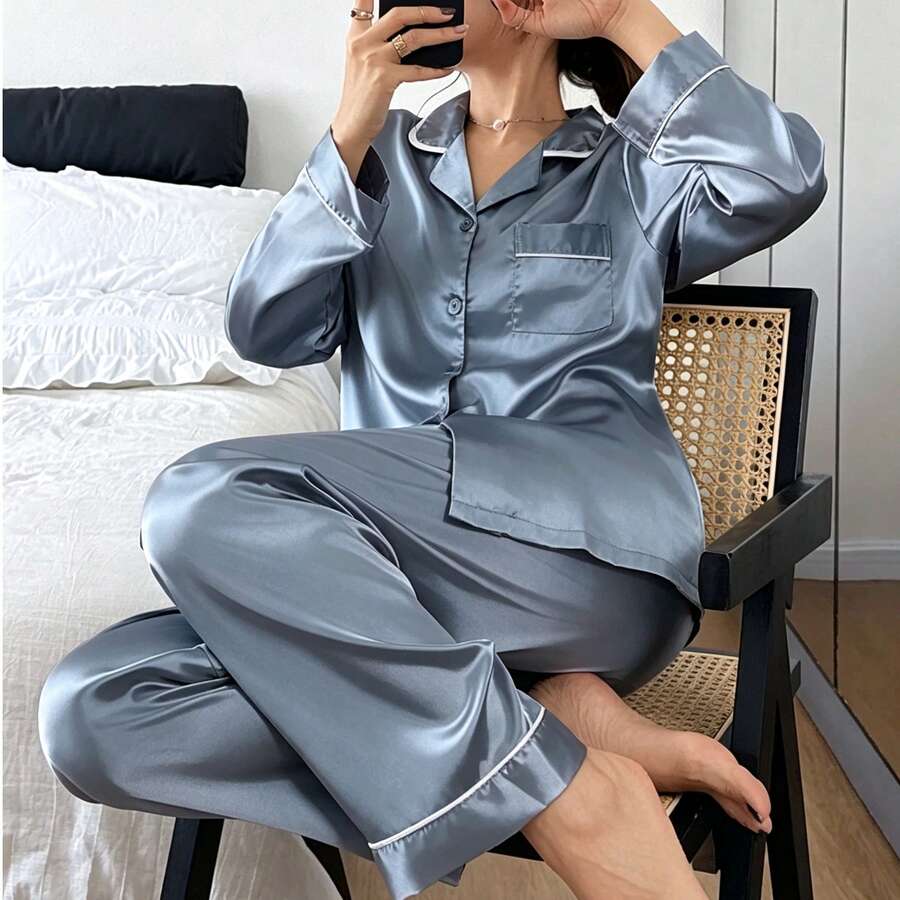 Dreamivo Solid Pink Summer Women's Pajama Set - Short Sleeve Button Collar Top And Pants, Soft Pajamas, Machine Washable, Can Be Worn As Outerwear Women's Long Sleeve Long Pants Pajama Set - Baby Blue - View 1