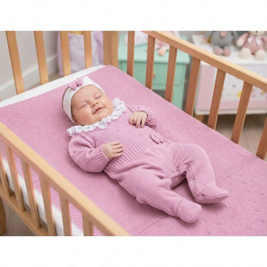 Saída Maternidade Bebe Menina Tricô Manta, Macacão E Laço Branco RN - 0 A 3 Meses - Rosa Bebê - Visão 1