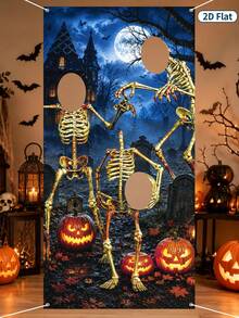 1 pieza Fondo de fotografía con tema de Halloween, patrón de calavera y calabaza, marco de decoración de cabina de fotos para fiesta de Halloween, decoración de Feliz Halloween, decoración de Halloween, decoración del hogar, fiesta de dulces de Halloween, decoración de fondo para fiesta de vacaciones - multicolor - Ver 1