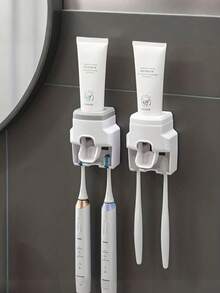 Wall-Mounted Automatic Toothpaste Dispenser With 2 Toothbrush Slots, No Drilling Required, Slouchy Toothpaste Squeezer, Space-Saving Bathroom Accessory Storage Rack, Suitable For Couples, Family Shower And Vanity - Multicolor - View 1
