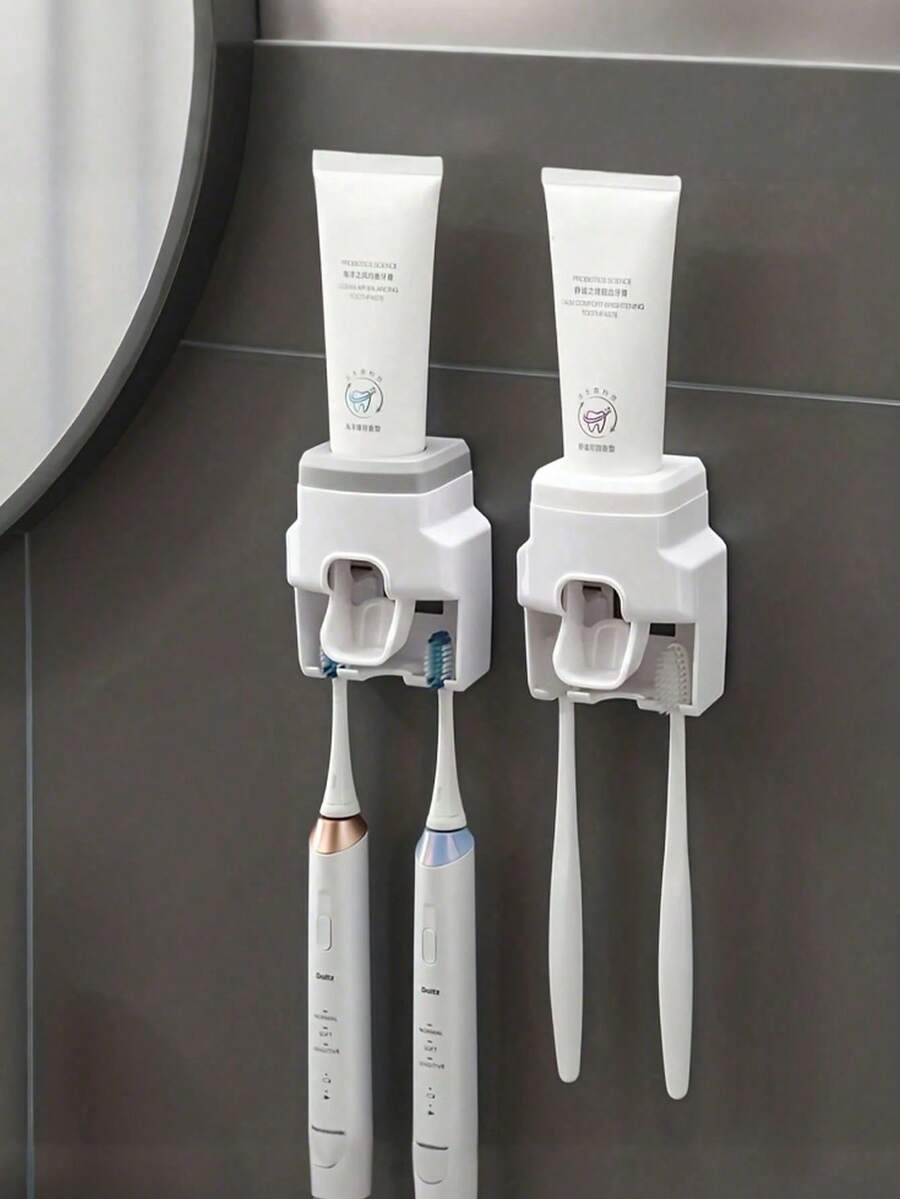 Wall-Mounted Automatic Toothpaste Dispenser With 2 Toothbrush Slots, No Drilling Required, Slouchy Toothpaste Squeezer, Space-Saving Bathroom Accessory Storage Rack, Suitable For Couples, Family Shower And Vanity - Multicolor - View 1