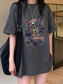 女士休闲宽松圆领卡通猫咪印花短袖T恤，春夏款 - 深灰色 - 查看 2
