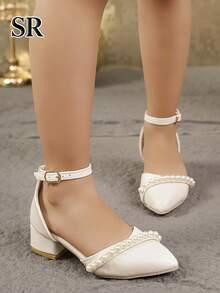 Girls' Pointed Toe Pearl Decor Chunky Heel High Heels, Elegant Sandals, Flower Girl Shoes, Daily Princess Shoes - Beige - View 4