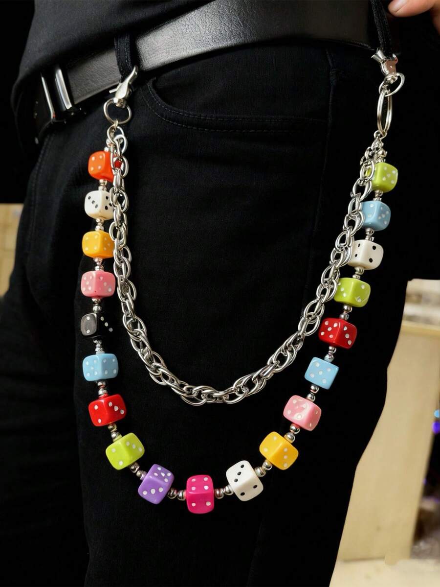 1pc High-Quality Square Dice & Round Bead Personalized Fashion Hip-Hop Style Metal Multi-Color Men's Pants Chain, Suitable For Streetwear, Party, Music Festival, Concert - Multicolor - View 1