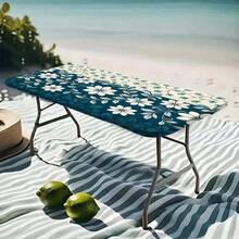 1pc-Summer Outdoor Tablecloth-Elastic Band Edge-Blue And White Floral Leaf Pattern Print-Elastic Washable Tablecloth-Durable Polyester Rectangular Tablecloth-Suitable For Camping-Picnic-Garden Party - A - View 10