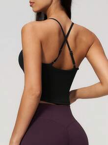 NcmRyu Women's 1pc Solid Color Adjustable Thin Criss-Cross Back Strap V-Neck Waist-Exposing Camisole - Black - View 3