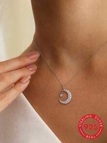 1pc S925 Sterling Silver Exquisite Elegant Shiny Star & Moon Pendant Necklace, Women's Light Luxury Fashion Versatile Personalized Neck Accessory, Niche Cool Girl Style Star Crescent Moon Collarbone Chain, Birthday Gift For Best Friend - Stars and Moon - View 11