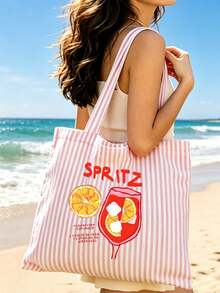 1/2pcs Striped Tote Bag And Makeup Bag, Printed With "Lemon" Pattern, Suitable For Vacation, Commute, Shopping, Gift For Family And Friends - Multicolor - View 5