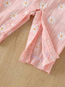 1 pieza Mono de bebé niña con estampado de margarita y lazo acanalado, con diadema, fino para primavera/otoño - Rosa - Ver 7