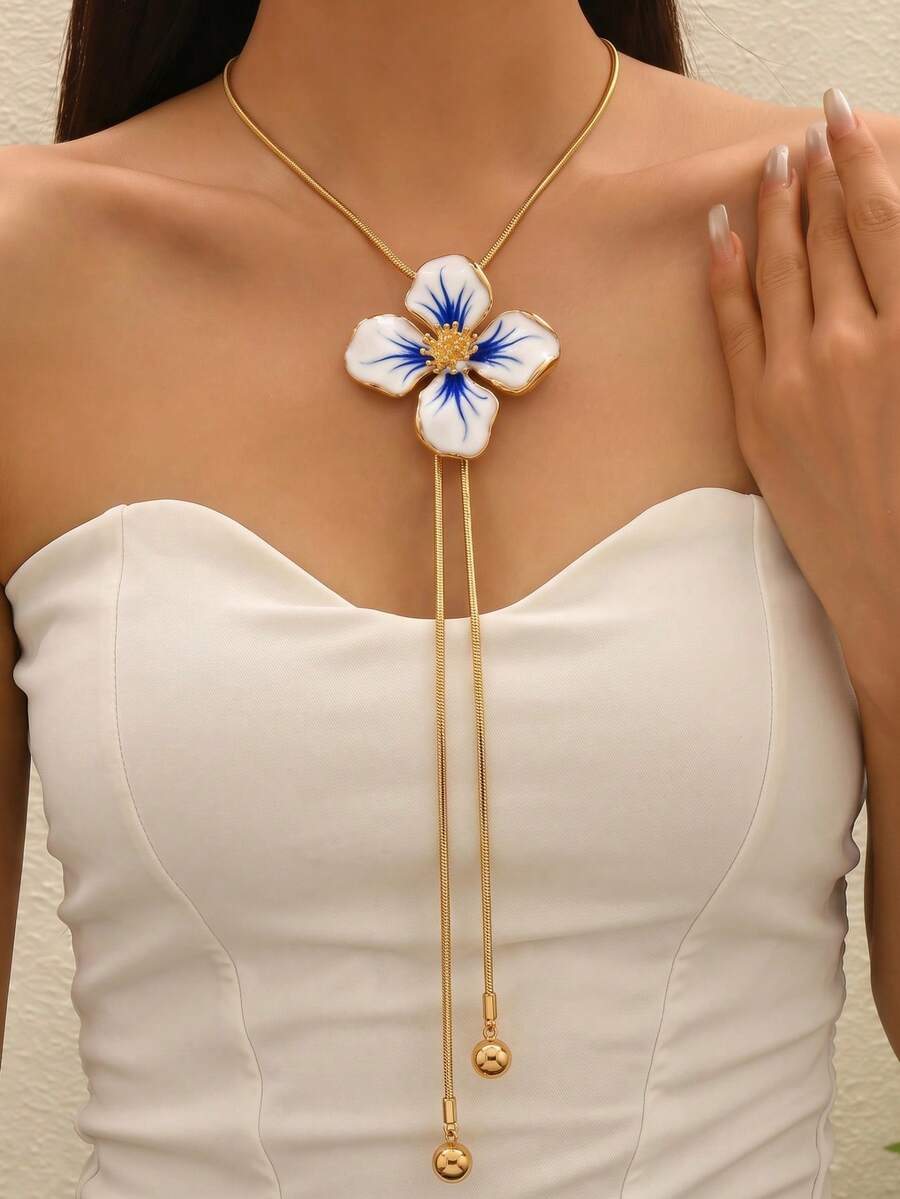 1pc New Creative Summer Floral Minimalist Oil Drop Print Anti-Blue Porcelain Pattern Fashion Elegant Elegant Long Y-Shaped Four-Petal Flower European And American Minimalist Necklace, Suitable For Daily Wear, Travel, Party And Other Occasions - Golden - View 1