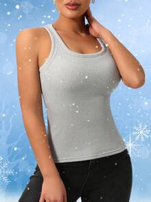 1pc Autumn/Winter Thermal Lined Thick Vest, 2-In-1 Built-In Cup Pad Brushed Ribbed Fitted Camisole - Grey - View 2