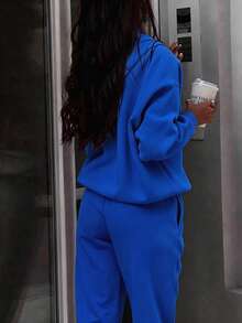 Women's Half-Zip Tracksuit, Featuring A High-Neck Loose-Fitting Sweatshirt And Wide-Leg Pants, A Stylish, Versatile,Daily Commuting And Fitness Wear - Blue - View 2