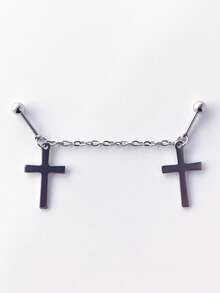 1pc Stainless Steel Chain Minimalist Cross Pendant Floating Industrial Style Piercing Barbell Earring Cartilage Piercing Body Jewelry - Silver - View 2
