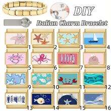 1 pieza Módulo de pulsera de resorte cuadrada de acero inoxidable dorado de la serie Elemento Oceánico, accesorio modular DIY para hombres y mujeres - Flores frescas - Ver 1