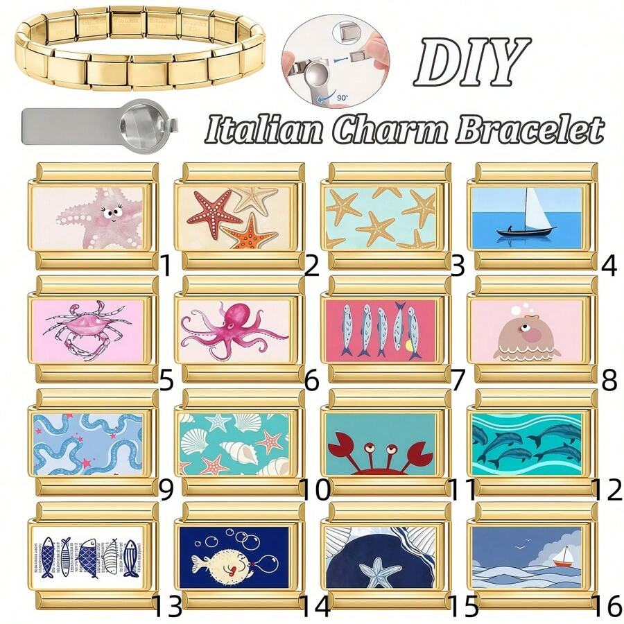1 pieza Módulo de pulsera de resorte cuadrada de acero inoxidable dorado de la serie Elemento Oceánico, accesorio modular DIY para hombres y mujeres - Flores frescas - Ver 1