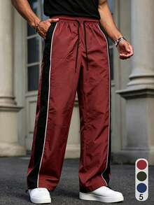 Men's Loose Fit Adjustable Hem Nylon Quick-Dry Contrast Patchwork Drawstring Waist Windbreaker Jogger Pants For Fitness And Streetwear Sports - Burgundy - View 2