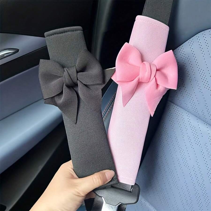 Solid Color Bowknot Ice Silk Seat Belt Shoulder Pad, Non-Slip Car Seat Belt Protector, Car Decoration Accessory - A - View 1