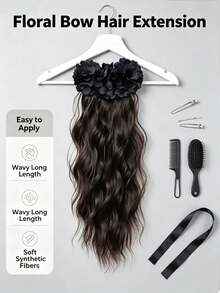1pc Large Wavy Ponytail Pear Blossom Claw Clip, Realistic Natural Invisible Black Hair Extension, Fashionable Banana Clip With Floral Design, Premium Style For Women - Multicolor - View 8