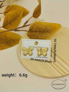 KASHIDAN 1 Pair Non-Fading Stainless Steel Waterproof Hypoallergenic Gold Butterfly Stud Earrings For Women. Wrinkled Texture Wing Design Vintage French Elegant High-End Jewelry. European And American Style Versatile Old Money Aesthetic Niche Design. Evening Party Street Wear Light Luxury Minimalist Unique Design Flattering Skin Tone. Gift For Girlfriend Mom Wife Birthday Valentine's Day Christmas Earrings Ins Style. Metallic Lively Insect Personalized Accessory - Multicolor - View 8